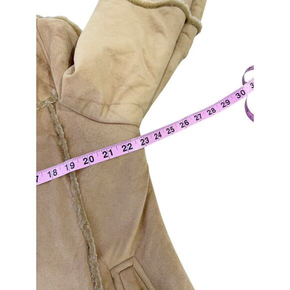 UD Utex Vegan Tan Faux Suede Leather Fur Coat Hooded Shawl Collar Womens Large - Picture 7 of 8
